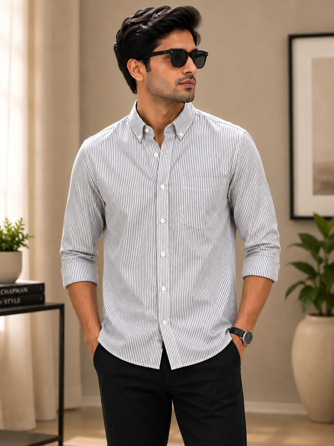 Black Pinstripe Cotton Shirt