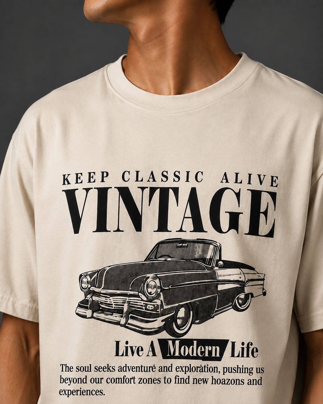 Cream Vintage Car Graphic T-Shirt