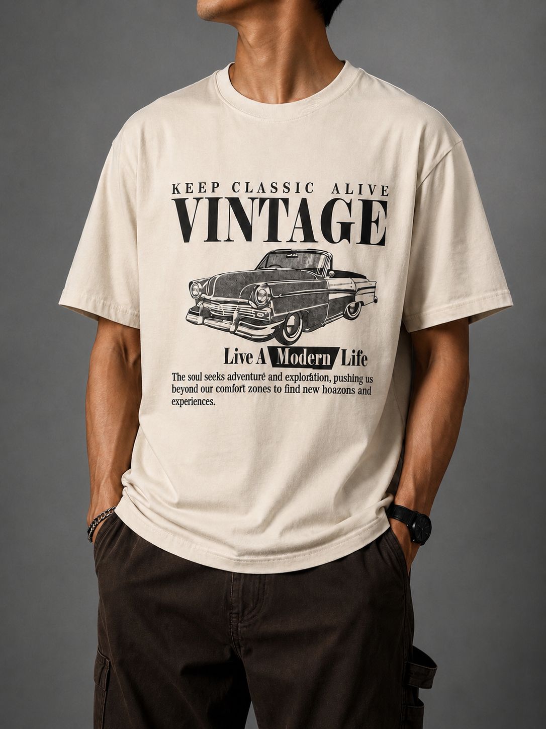 Cream Vintage Car Graphic T-Shirt