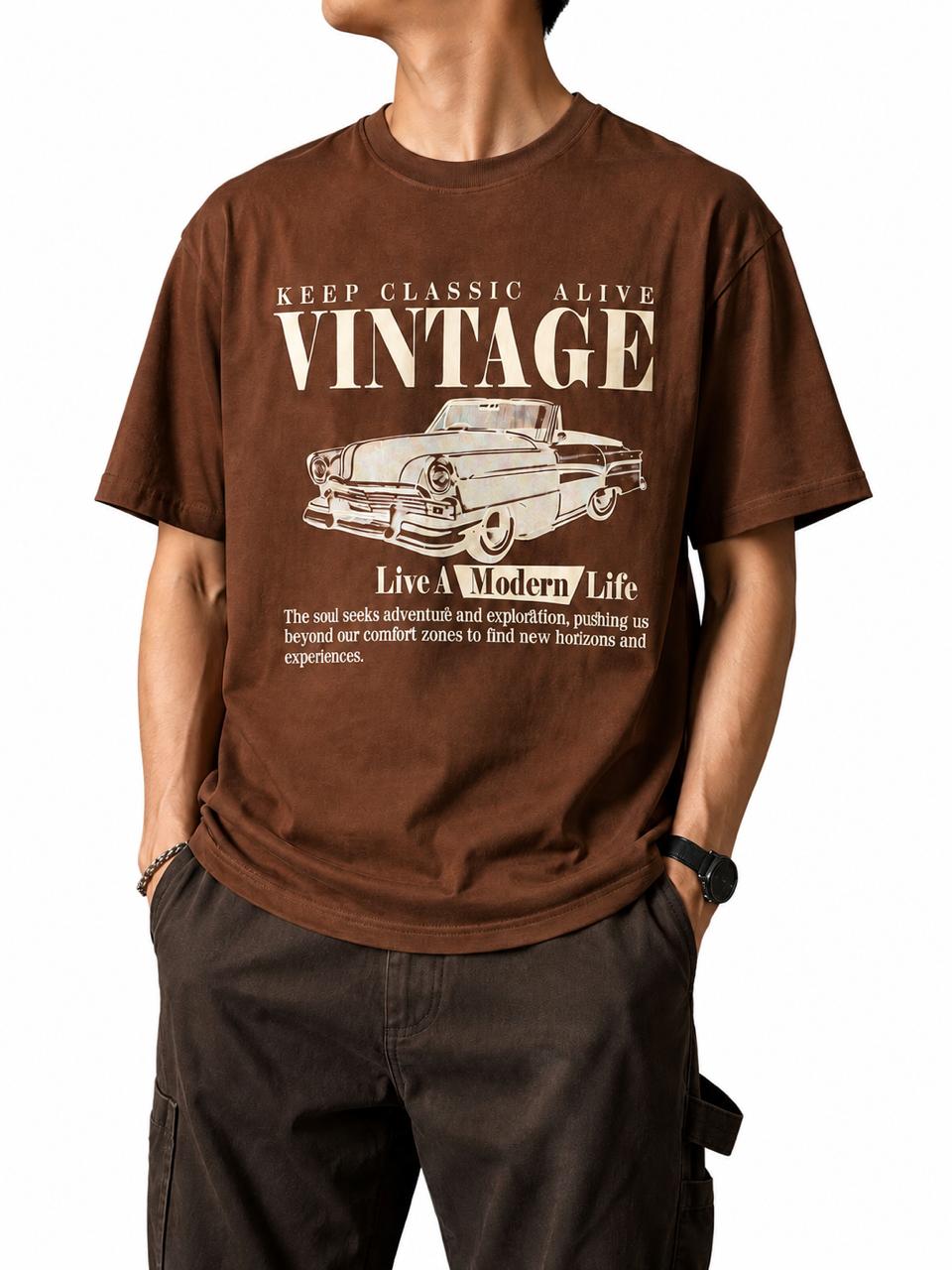 Brown Vintage Car Graphic T-Shirt