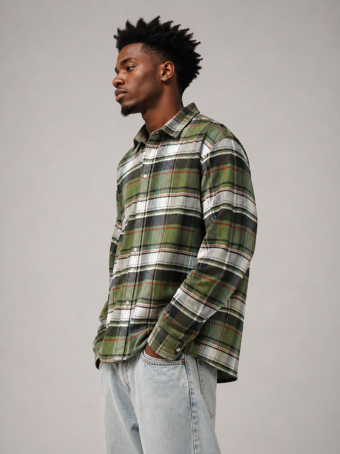 Olive Green Boxy Fit Flannel Shirt
