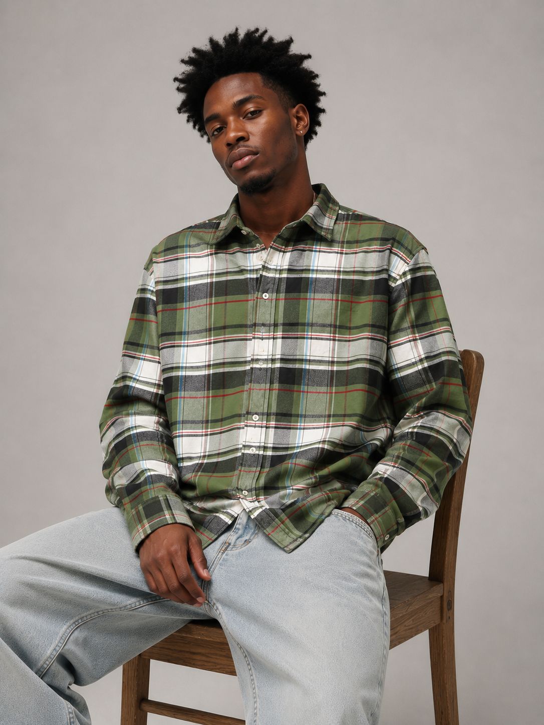 Olive Green Boxy Fit Flannel Shirt