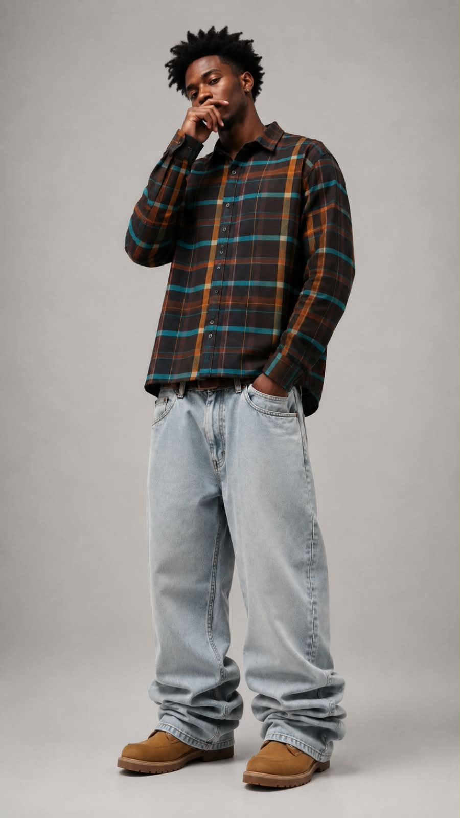 Black Teal Orange  Boxy Fit Flannel Shirt