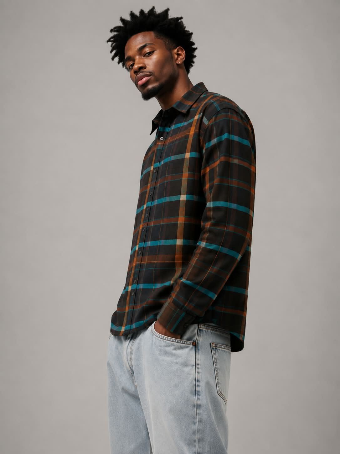 Black Teal Orange  Boxy Fit Flannel Shirt