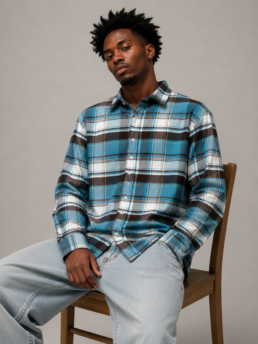 Sky Blue Brown Boxy Fit Flannel Shirt