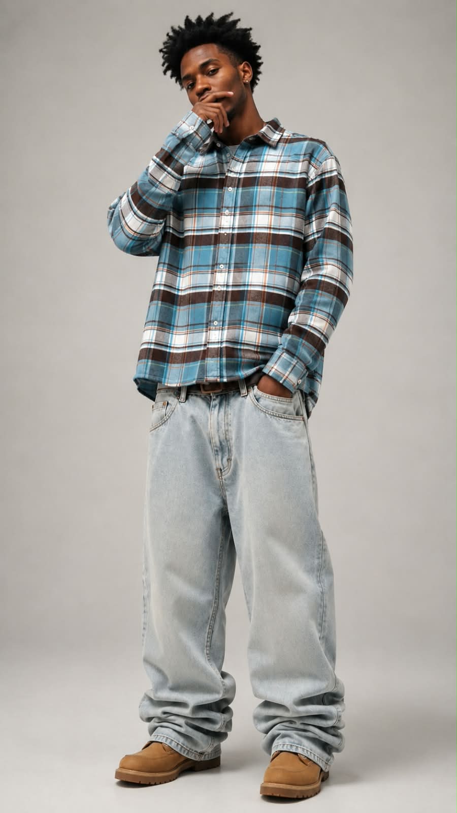 Sky Blue Brown Boxy Fit Flannel Shirt