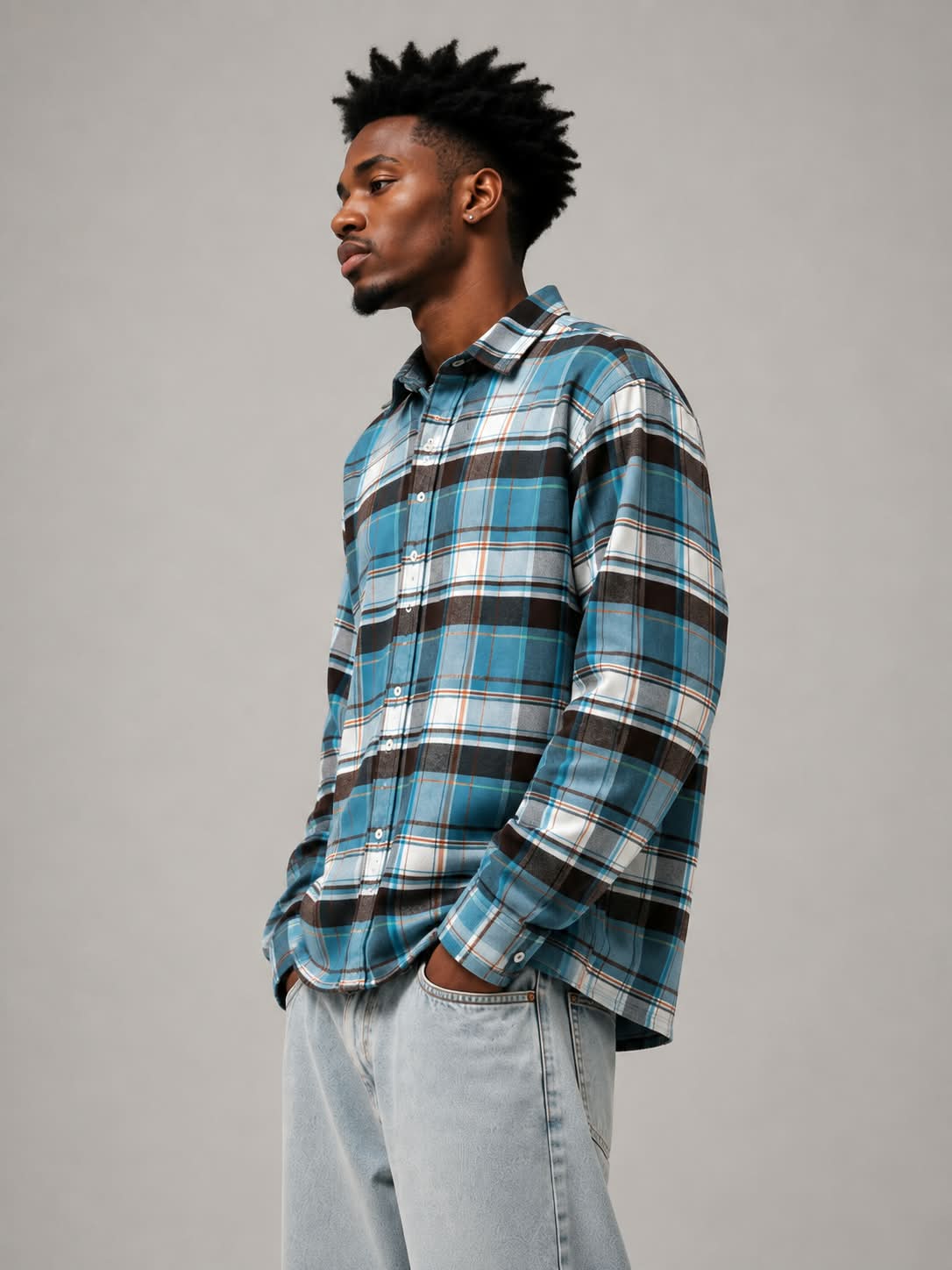 Sky Blue Brown Boxy Fit Flannel Shirt