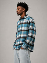 Sky Blue Brown Boxy Fit Flannel Shirt