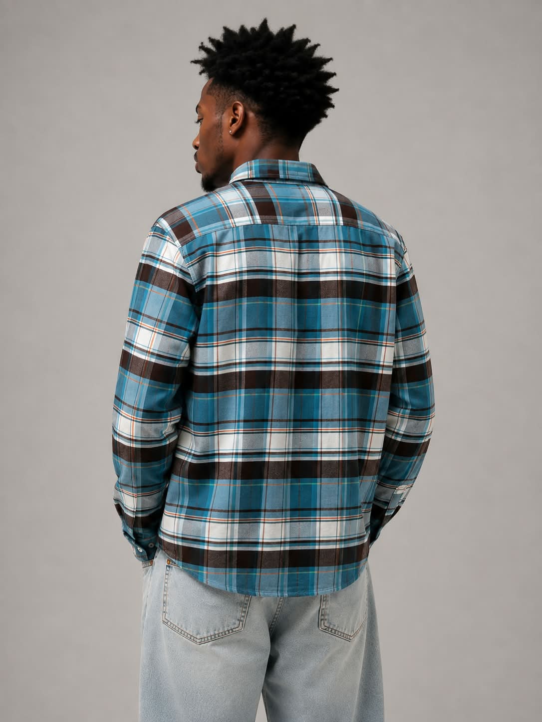 Sky Blue Brown Boxy Fit Flannel Shirt