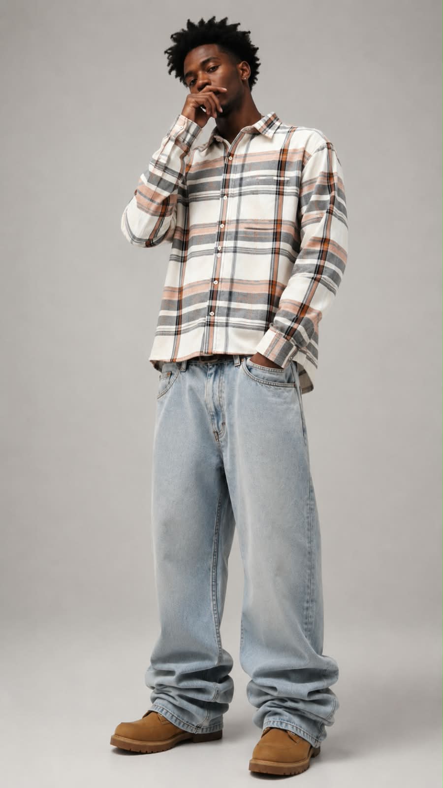 Peach Grey Boxy Fit Flannel Shirt