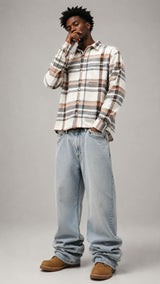 Peach Grey Boxy Fit Flannel Shirt