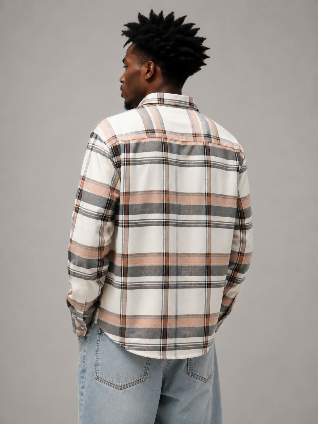 Peach Grey Boxy Fit Flannel Shirt