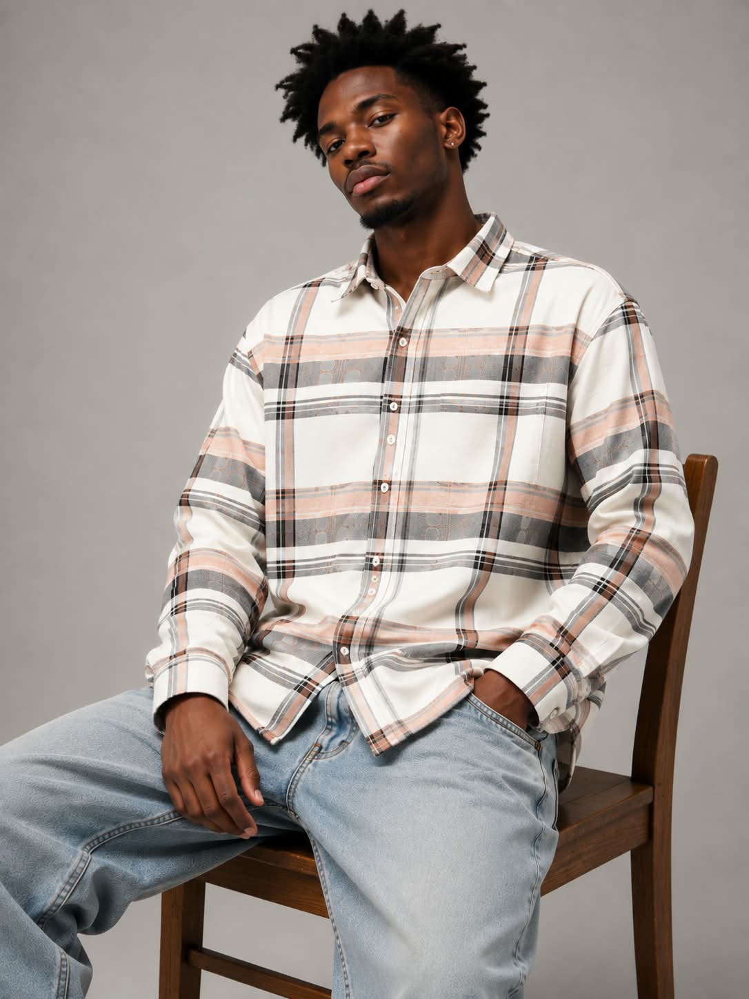 Peach Grey Boxy Fit Flannel Shirt
