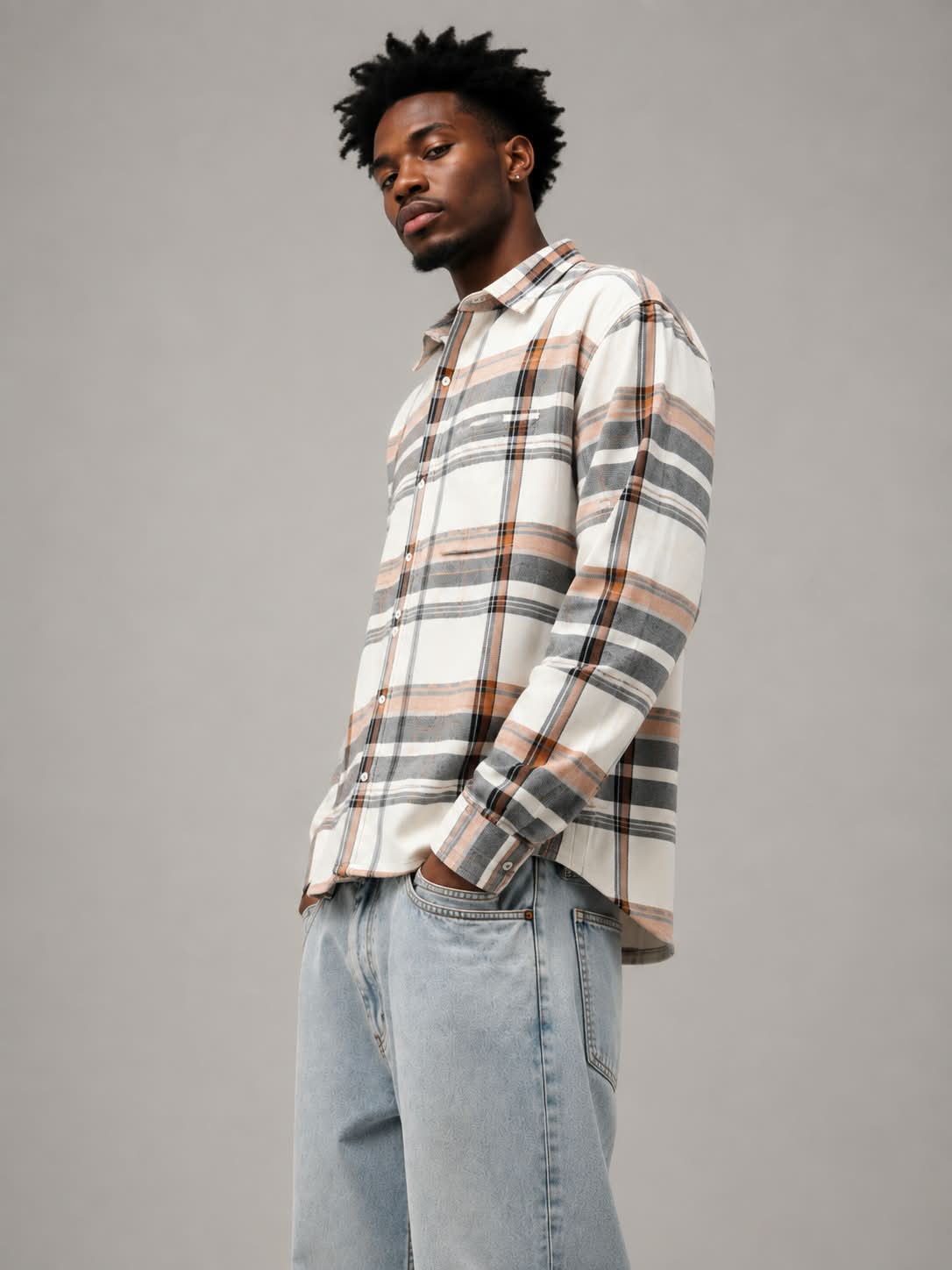 Peach Grey Boxy Fit Flannel Shirt