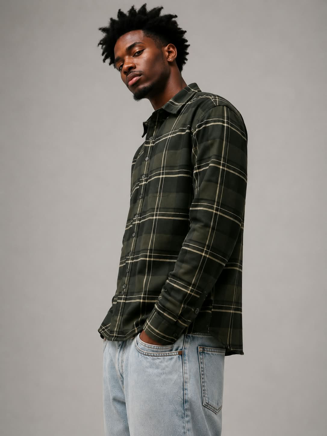 Olive Black  Boxy Fit Flannel Shirt