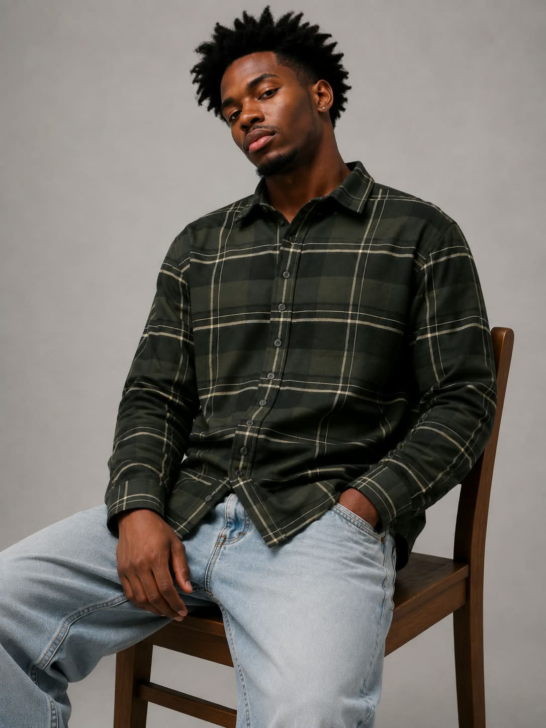 Olive Black  Boxy Fit Flannel Shirt