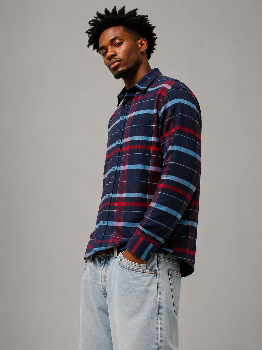 Navy Burgundy Boxy Fit Flannel Shirt