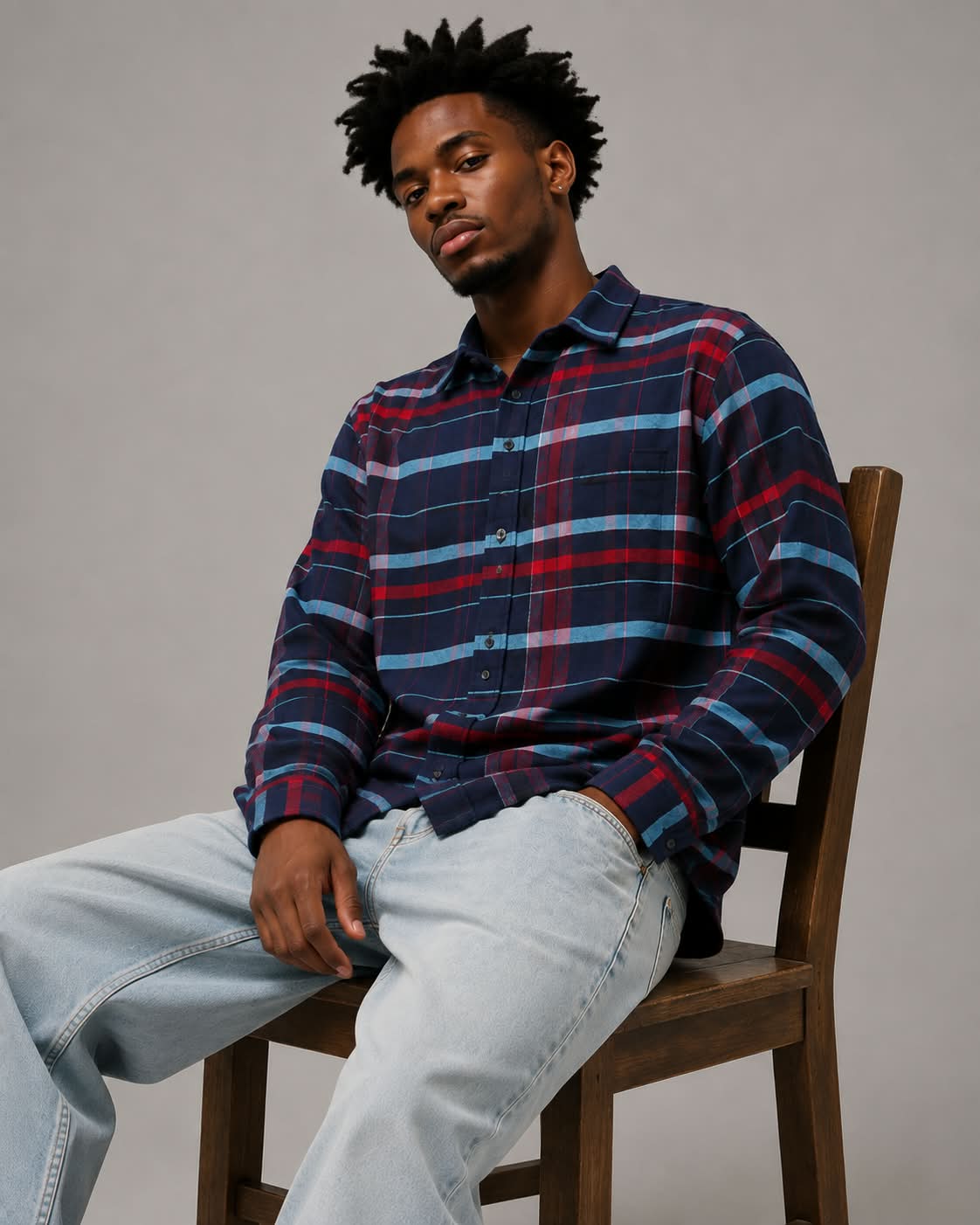 Navy Burgundy Boxy Fit Flannel Shirt