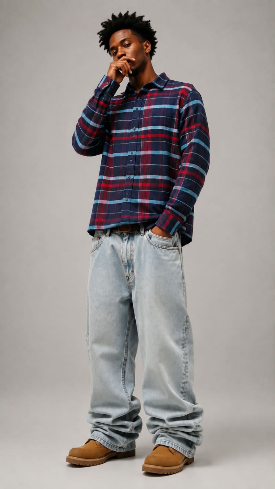 Navy Burgundy Boxy Fit Flannel Shirt