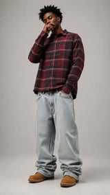 Burgundy Black Boxy Fit Flannel Shirt