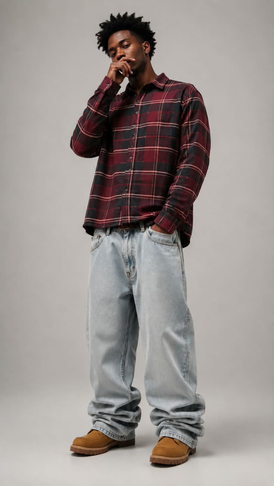 Burgundy Black Boxy Fit Flannel Shirt