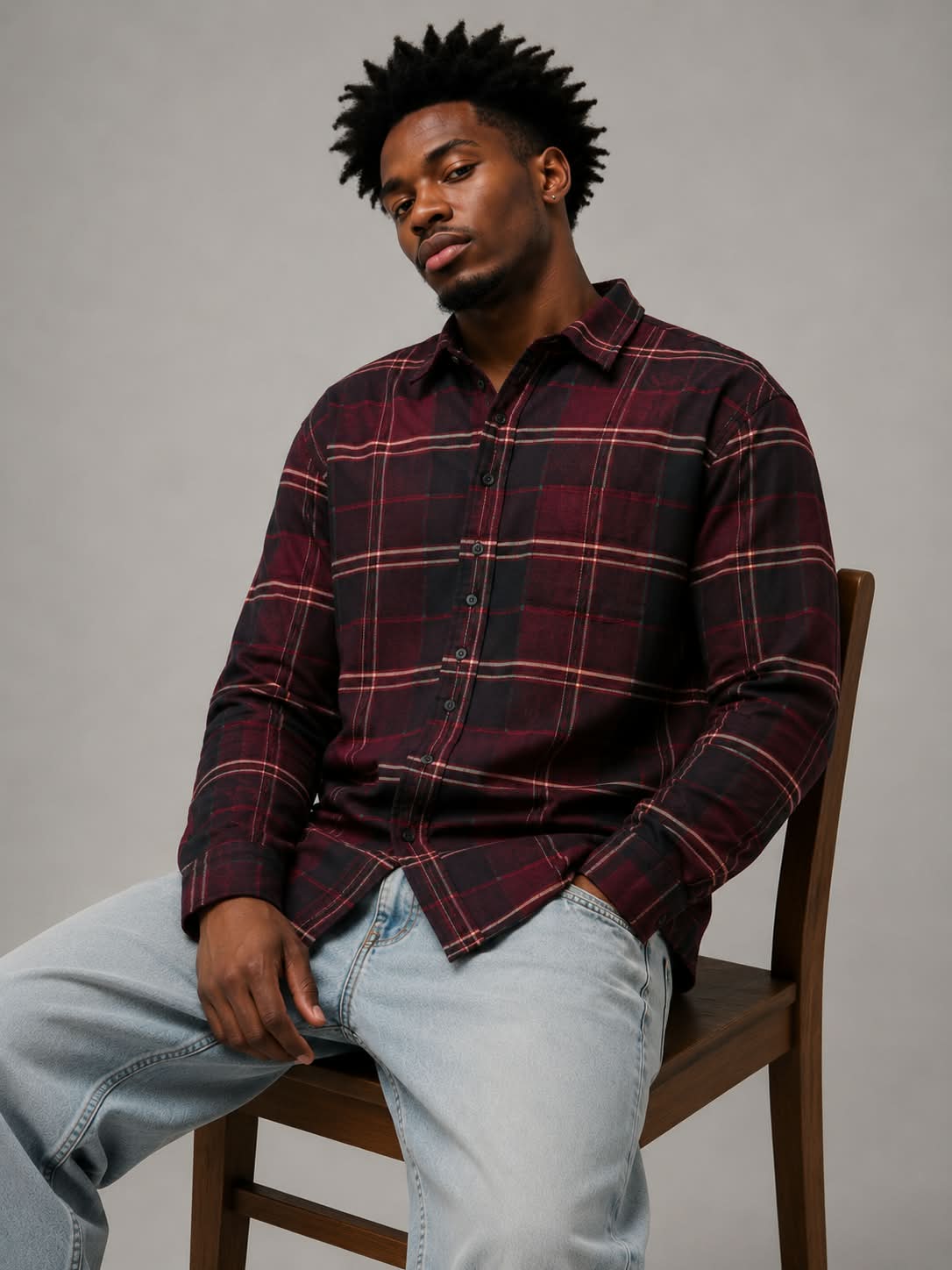 Burgundy Black Boxy Fit Flannel Shirt
