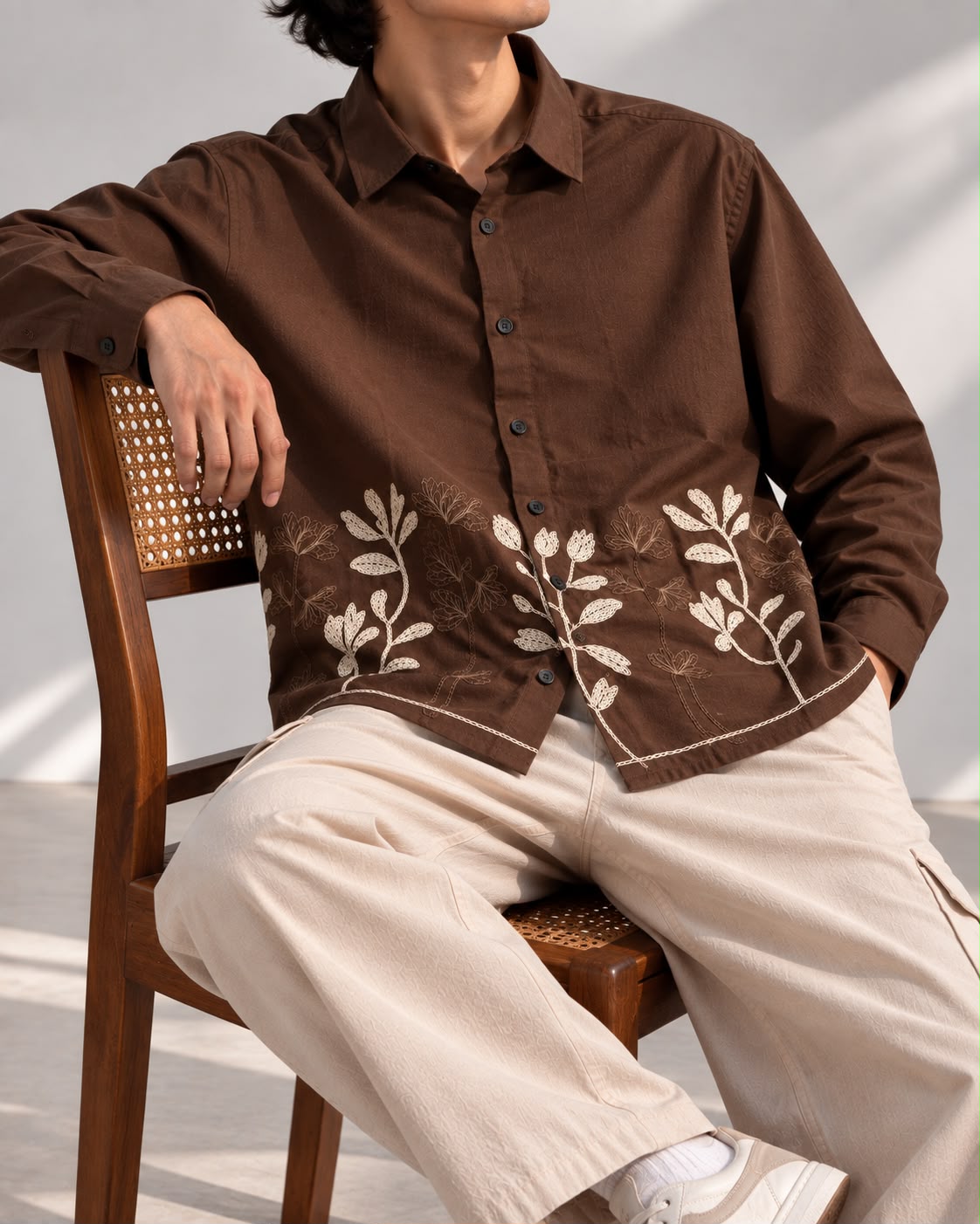 Brown Floral Embroidered Boxy Fit Shirt