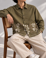 Olive Botanical Embroidered Boxy Fit Shirt