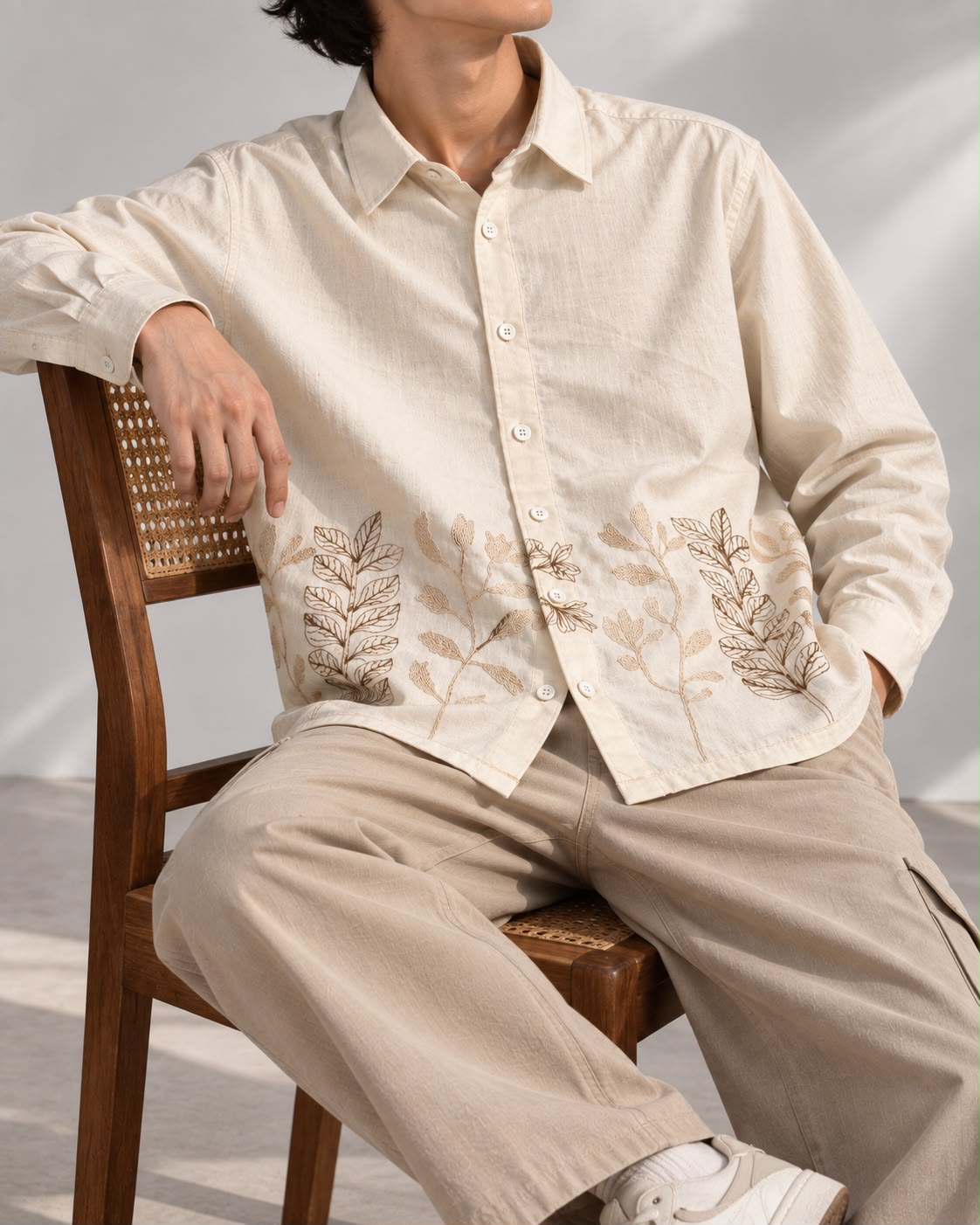 Ivory Botanical Embroidered Boxy Fit Shirt