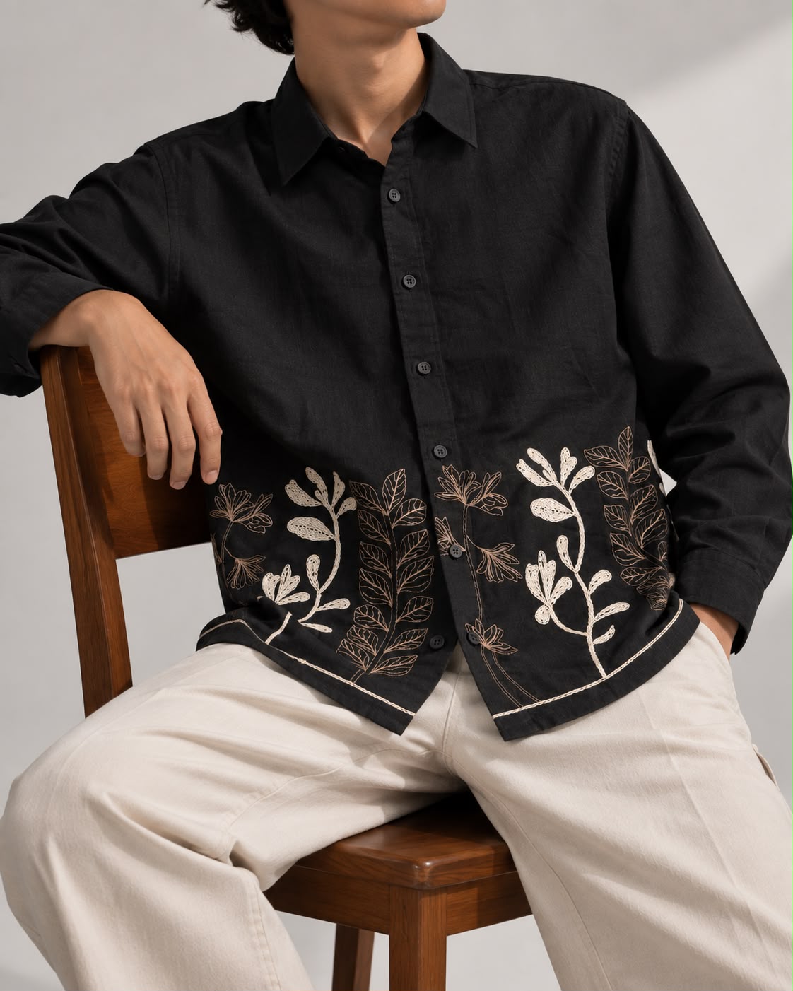 Black Floral Embroidered Boxy Fit Shirt