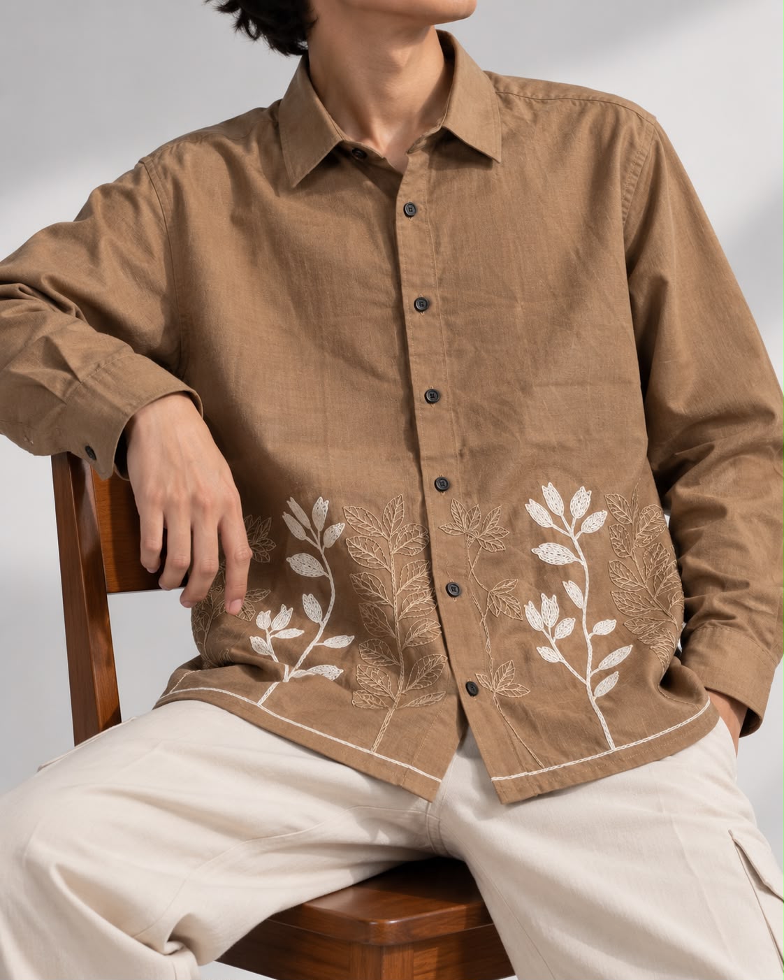 Men's Premium Tan Floral Embroidered Boxy Fit Shirt