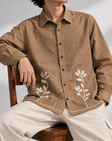 Men's Premium Tan Floral Embroidered Boxy Fit Shirt