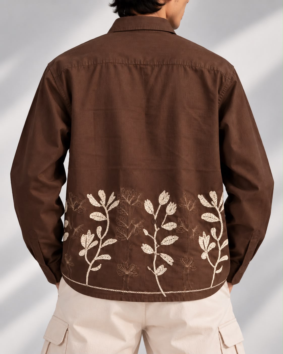 Brown Floral Embroidered Boxy Fit Shirt