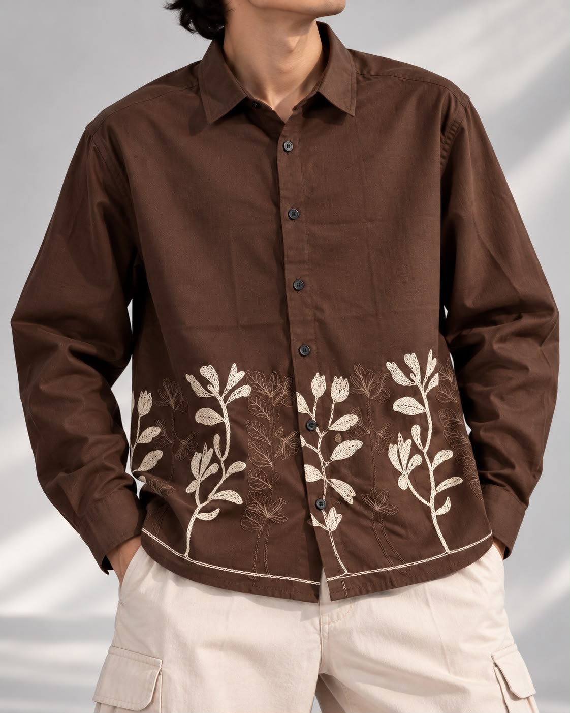 Brown Floral Embroidered Boxy Fit Shirt