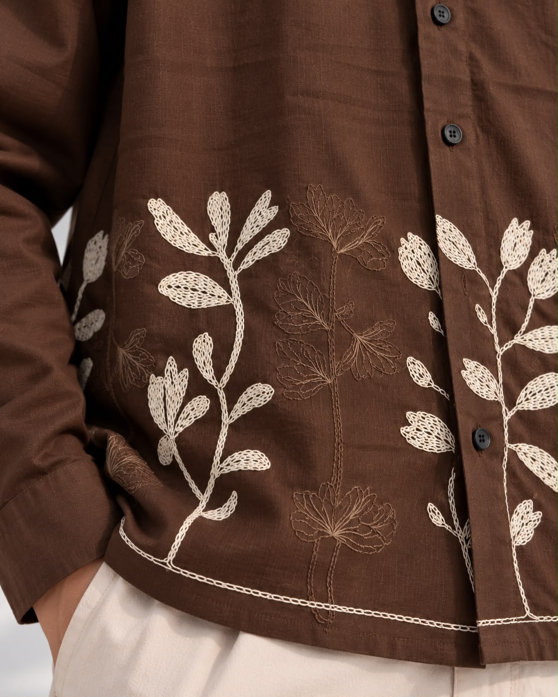 Brown Floral Embroidered Boxy Fit Shirt