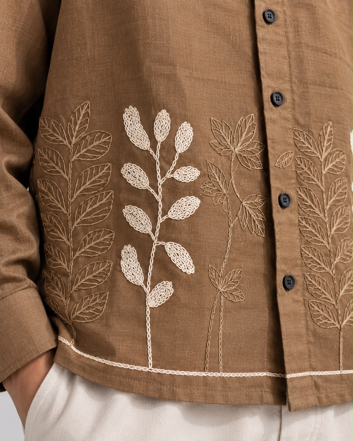 Men's Premium Tan Floral Embroidered Boxy Fit Shirt