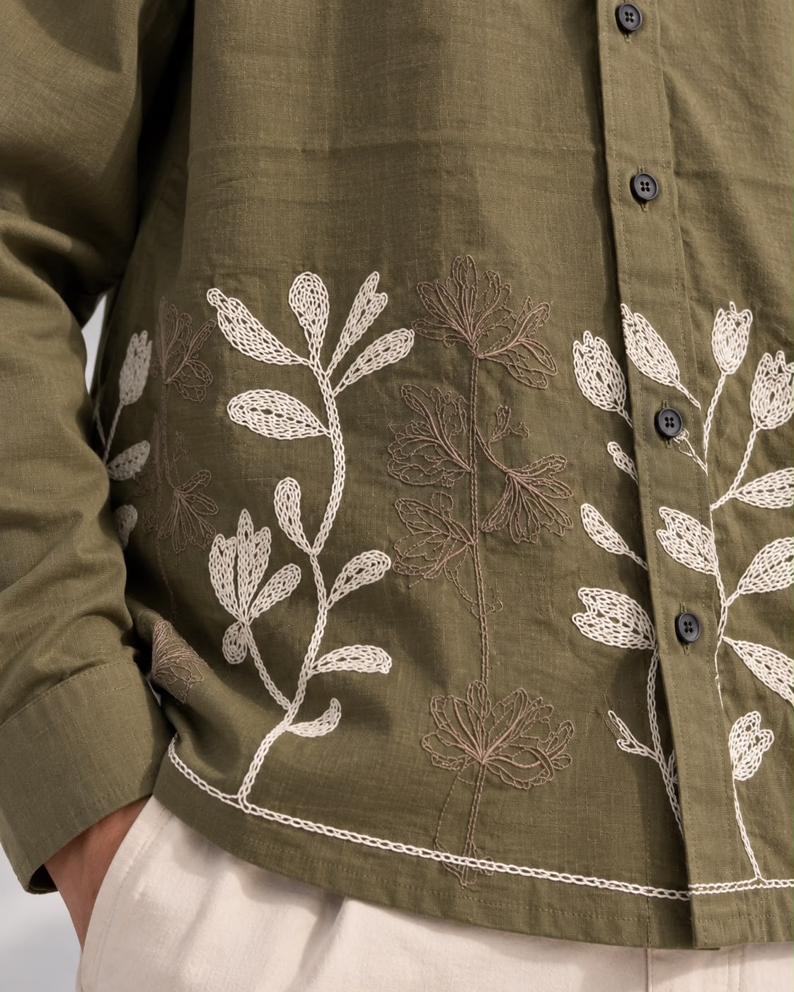 Olive Botanical Embroidered Boxy Fit Shirt