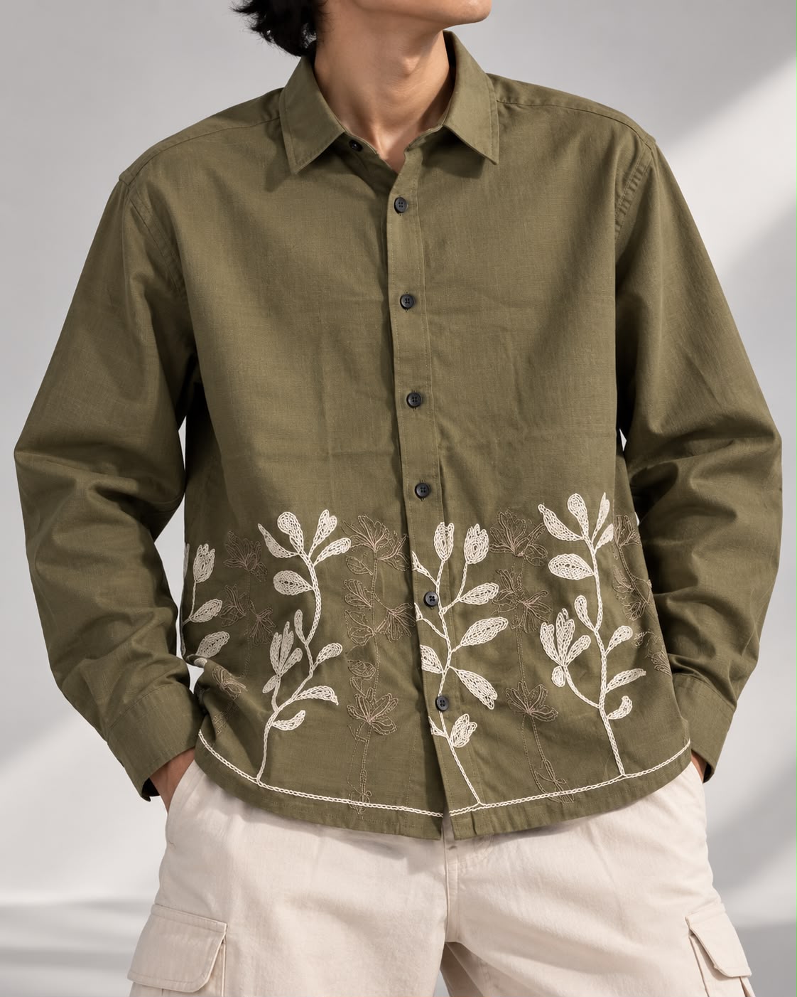 Olive Botanical Embroidered Boxy Fit Shirt