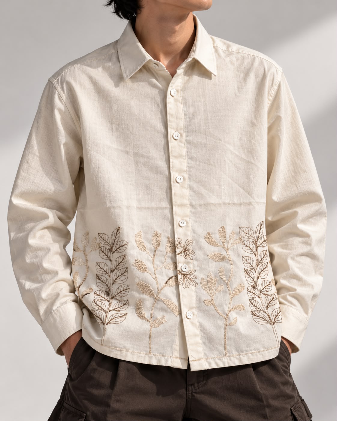 Ivory Botanical Embroidered Boxy Fit Shirt