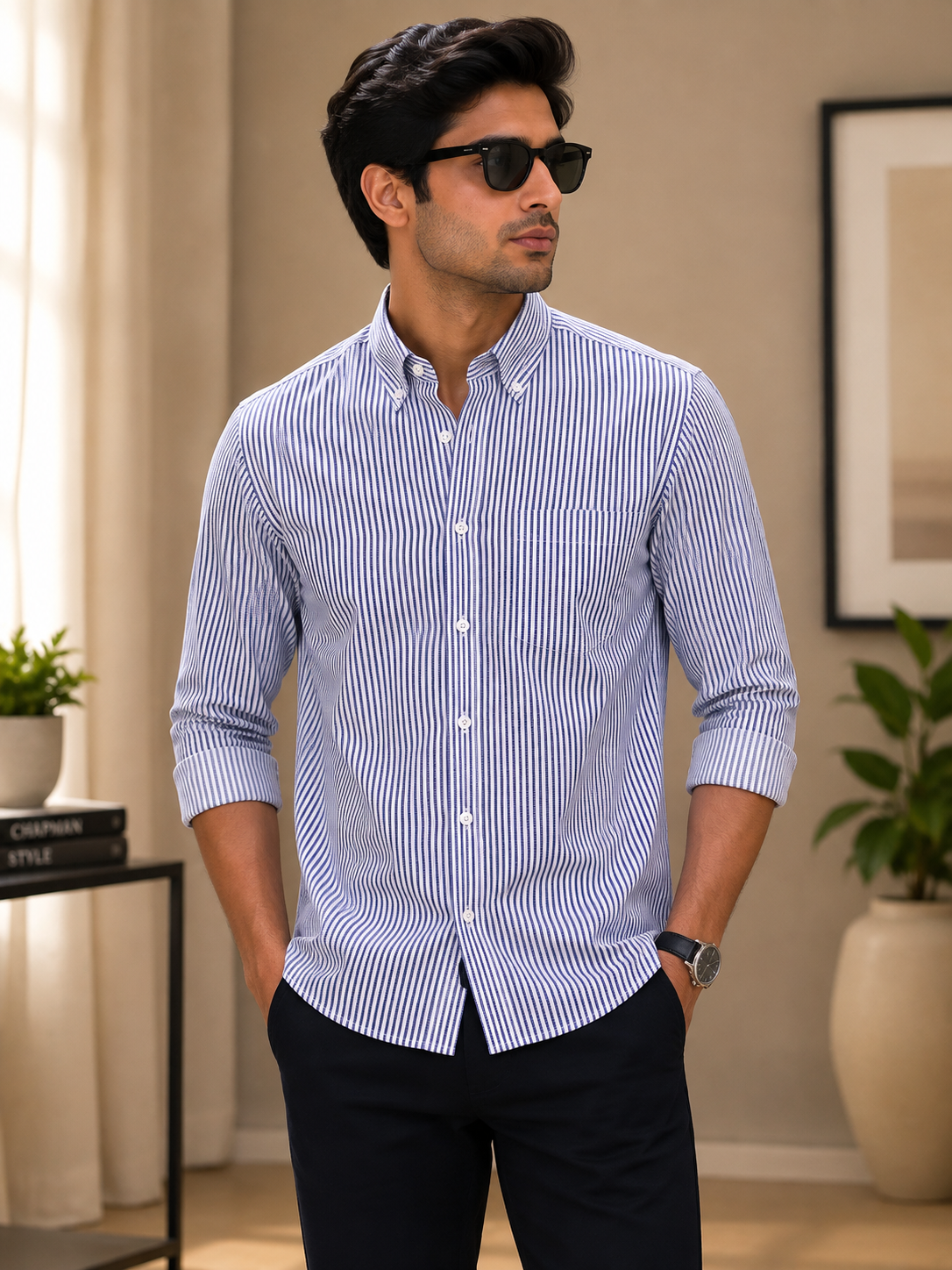 Navy Blue Pinstripe Cotton Shirt