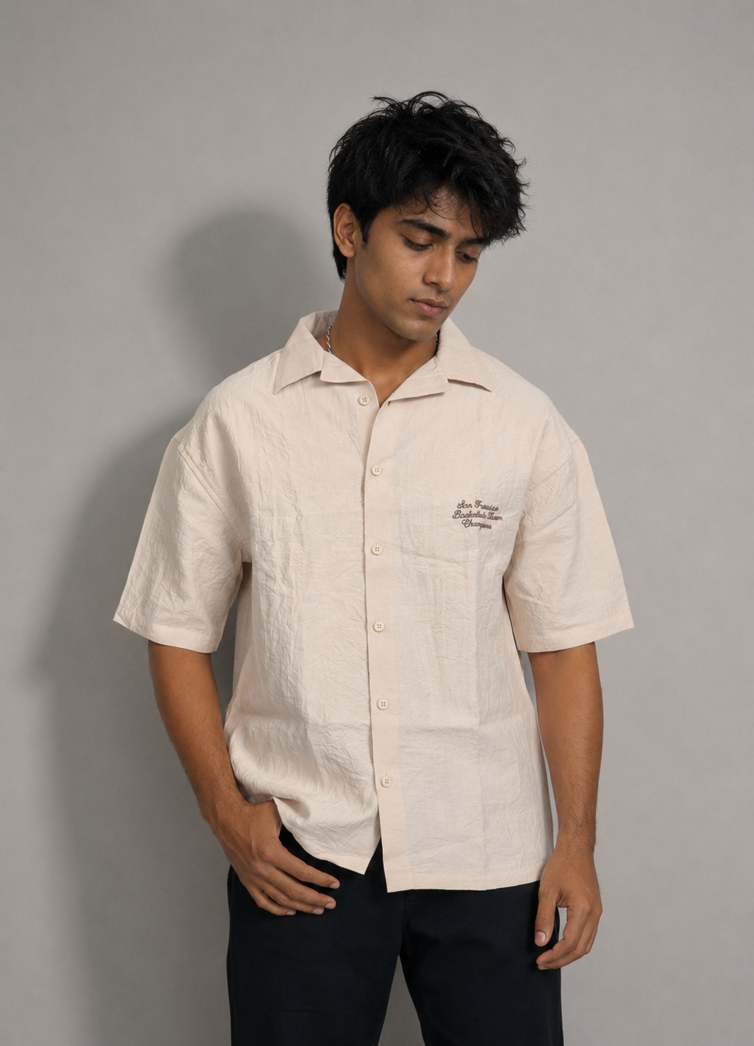 Men’s Premium Beige Textured Half Shirt