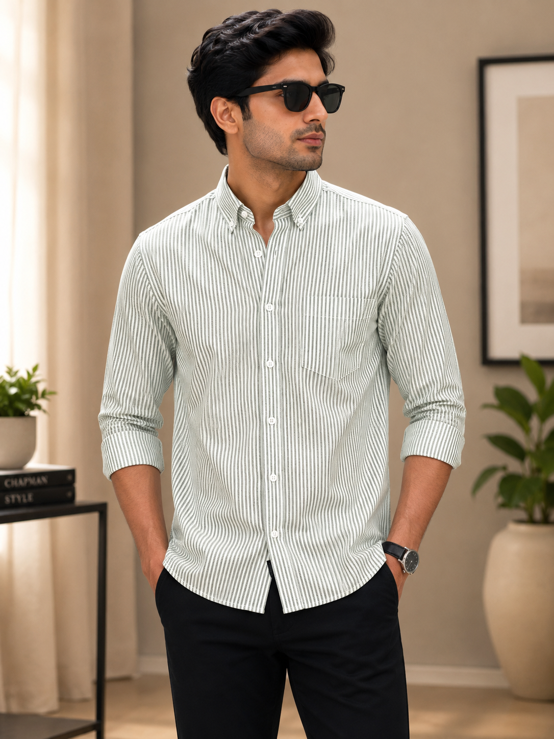 Olive Green Pinstripe Cotton Shirt